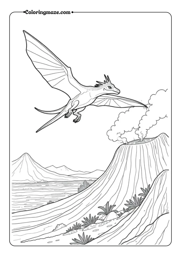 Pterodactyl Soaring Over Volcanic Landscape